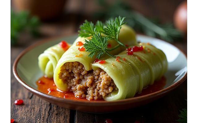 Tanjir sarme pripremljene sa Low FODMAP sastojcima, sa zelenim listovima kupusa i mesom